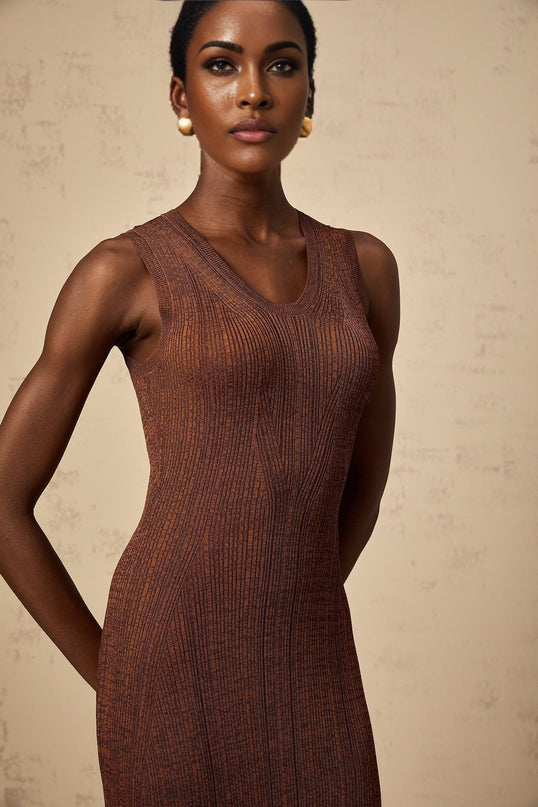 Valeria Brown Ribbed Knit Midi Dress with Cutout Detail and Scoop Neckline