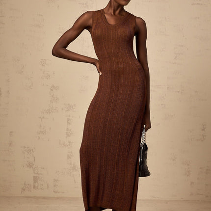 Valeria Brown Ribbed Knit Midi Dress with Cutout Detail and Flared Skirt