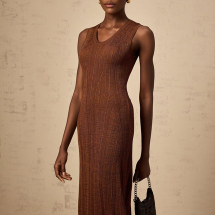 Valeria Brown Ribbed Knit Midi Dress with Cutout Detail and Flared Skirt