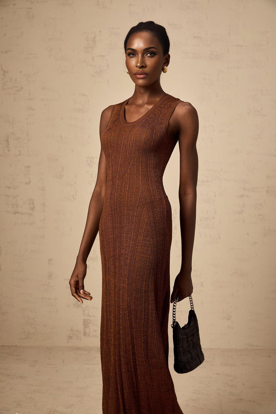 Valeria Brown Ribbed Knit Midi Dress with Cutout Detail and Flared Skirt