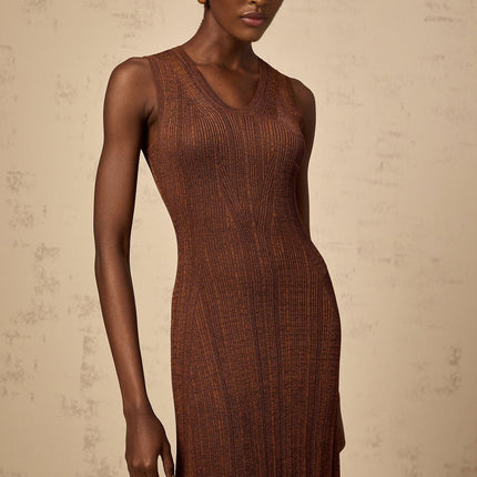 Valeria Brown Ribbed Knit Midi Dress Scoop Neck Cutout Detail Flared Skirt Sleeveless Elegant Versatile