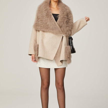 Valeria Neutrals Wool Faux-Fur Oversize Collar Jacket Front Button Fastening Two Front Pockets
