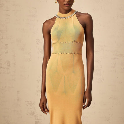 Valeria Neutrals Sleeveless Midi Dress knitted construction cinched waist faux-pearl crystal embellishments round neck calf-length hem rear button fastening luxurious blend Viscose Polyamide Elastane