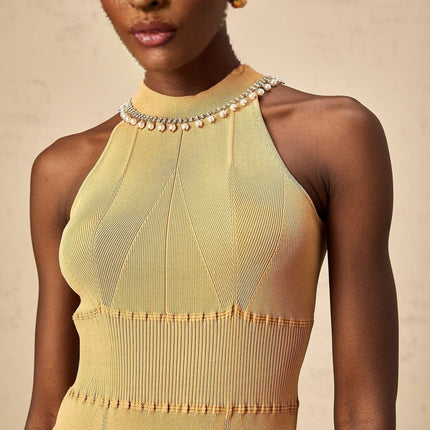 Valeria Neutrals Sleeveless Midi Dress Knitted Fitted Silhouette Cinched Waist Faux-Pearl Crystal Embellishments Round Neck Calf-Length Hem Rear Button Fastening Luxurious Blend Viscose Polyamide Elastane Sophistication Exquisite