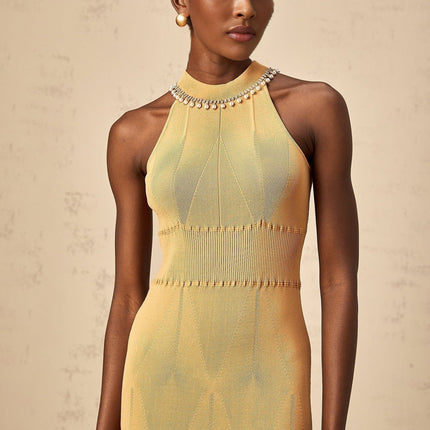 Valeria Neutrals Sleeveless Midi Dress knitted construction fitted silhouette cinched waist faux-pearl crystal embellishments round neck calf-length hem rear button fastening luxurious blend Viscose Polyamide Elastane