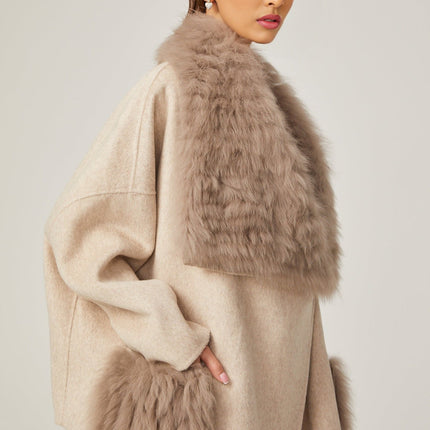 Valeria Oversize Collar Jacket in Neutrals Wool and Faux-fur Detailing