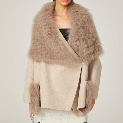 Valeria Oversize Collar Jacket in Neutrals Wool and Faux-fur Detailing