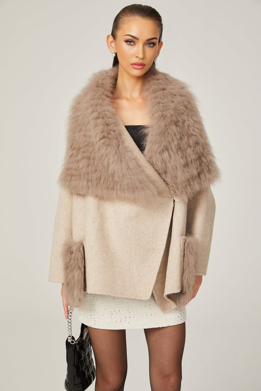 Valeria Oversize Collar Jacket in Neutrals Wool and Faux-fur Detailing