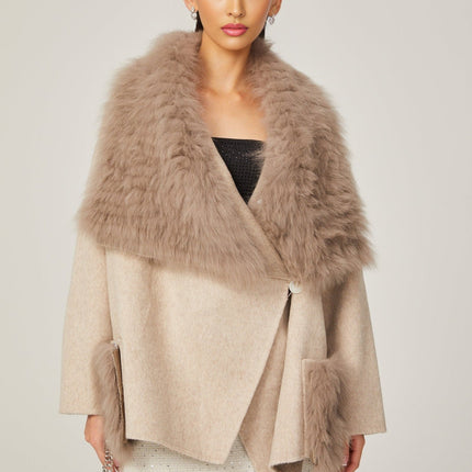 Valeria Oversize Collar Jacket in Neutrals Wool Faux-fur Detailing Front Button Fastening Two Front Pockets