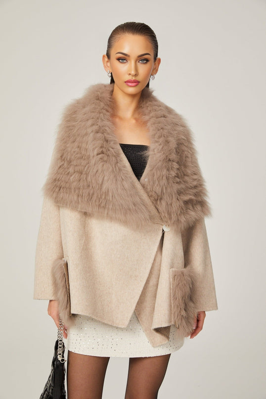 Valeria Oversize Collar Jacket in Neutrals Wool Faux-fur Detailing Front Button Fastening Two Front Pockets