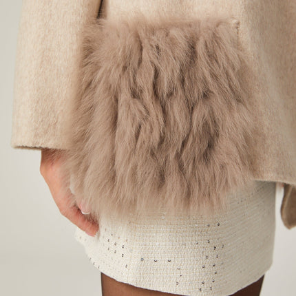 Valeria Oversize Collar Jacket in Neutrals Wool Faux-fur Detailing Front Button Fastening Front Pockets