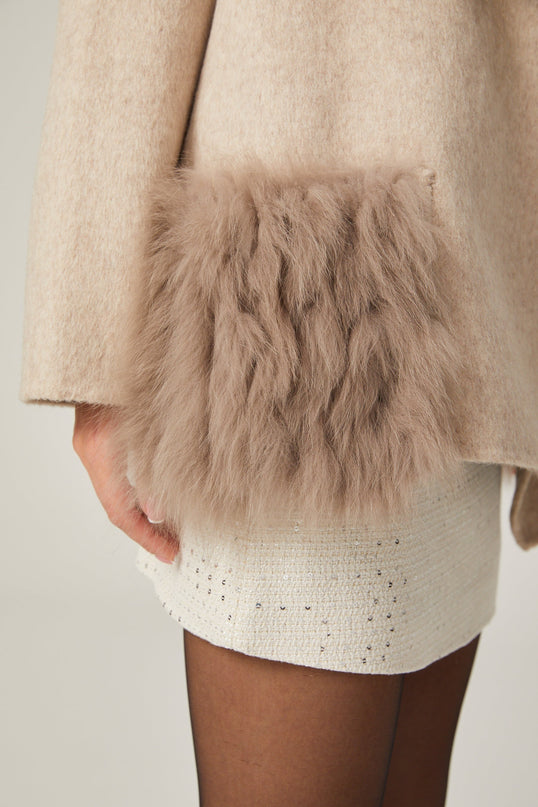 Valeria Oversize Collar Jacket in Neutrals Wool Faux-fur Detailing Front Button Fastening Front Pockets