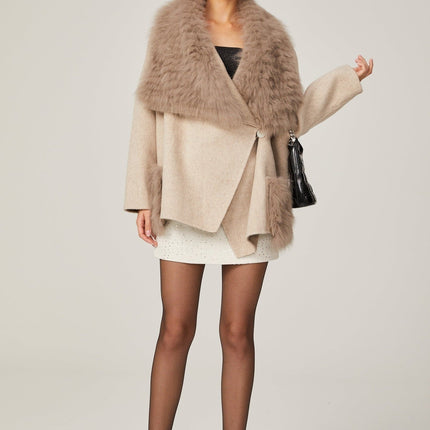 Valeria Oversize Collar Jacket in Neutrals Wool Faux-fur Detailing Front Button Fastening Front Pockets Luxury Comfort Chic Layer