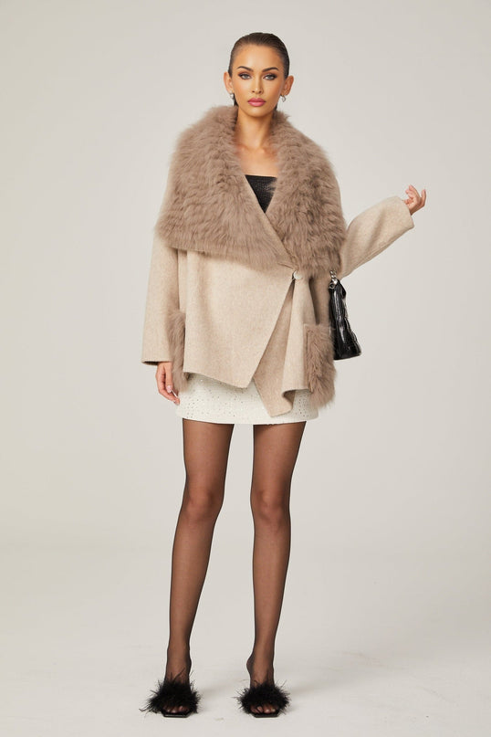 Valeria Oversize Collar Jacket in Neutrals Wool Faux-fur Detailing Front Button Fastening Front Pockets Luxury Comfort Chic Layer