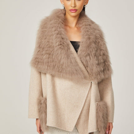 Valeria Oversize Collar Jacket in Neutrals Wool Faux-fur Detailing Front Button Fastening Front Pockets