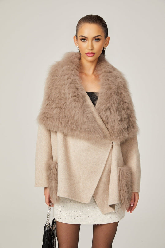 Valeria Oversize Collar Jacket in Neutrals Wool Faux-fur Detailing Front Button Fastening Front Pockets