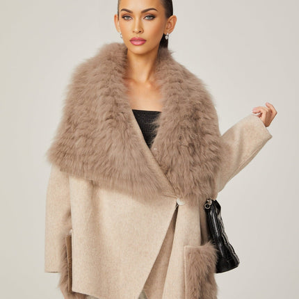 Valeria Oversize Collar Jacket in Neutrals Wool Faux-fur Glamour Pockets Luxury Comfort