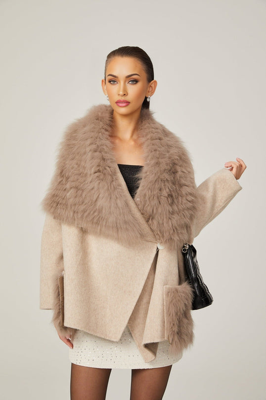 Valeria Oversize Collar Jacket in Neutrals Wool Faux-fur Glamour Pockets Luxury Comfort