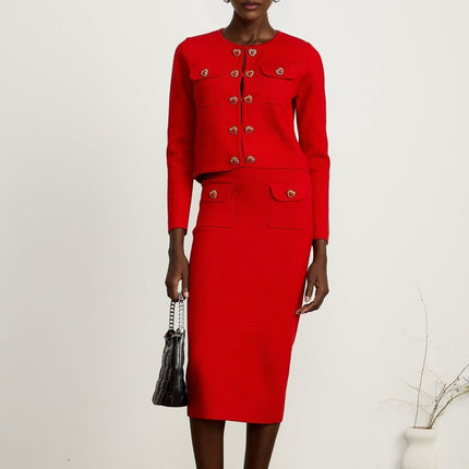 Valeria Red Cardigan Skirt Knitted Matching Set