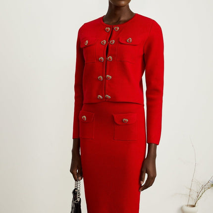 Valeria Red Knitted Cardigan and Skirt Set