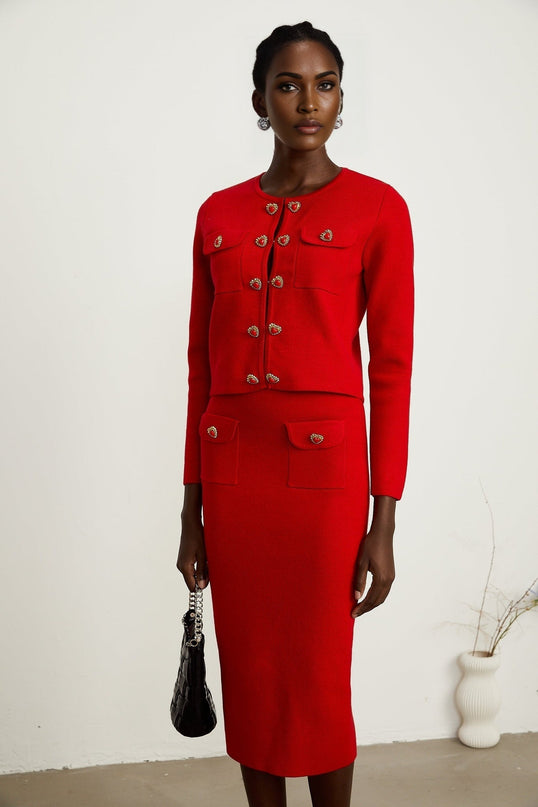 Valeria Red Knitted Cardigan and Skirt Set