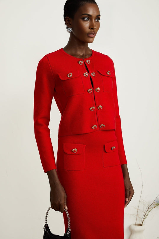 Valeria Red Knitted Cardigan Skirt Matching Set