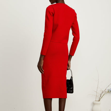 Valeria Red Knitted Matching Set Cardigan Skirt