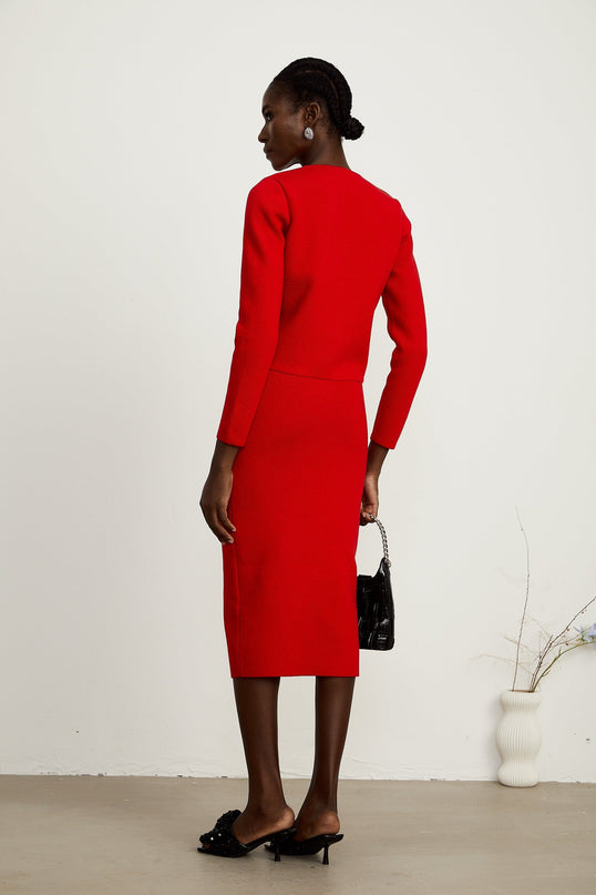 Valeria Red Knitted Matching Set Cardigan Skirt