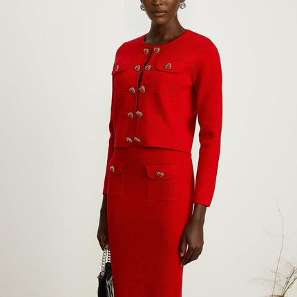 Valeria Red Knitted Matching Set Cardigan Skirt