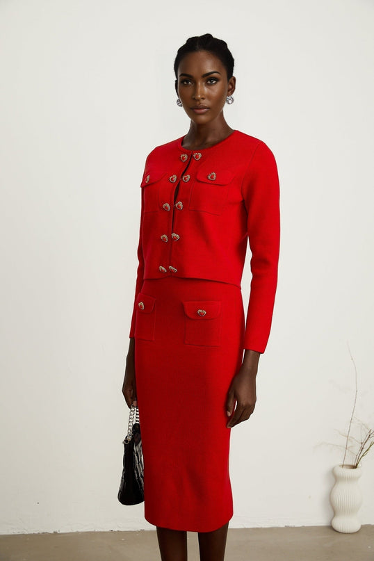 Valeria Red Knitted Matching Set Cardigan Skirt