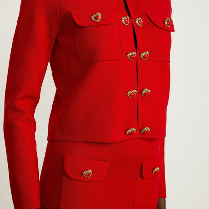 Valeria Red Knitted Matching Set Cardigan Skirt Buttons Pockets Terylene Fabric