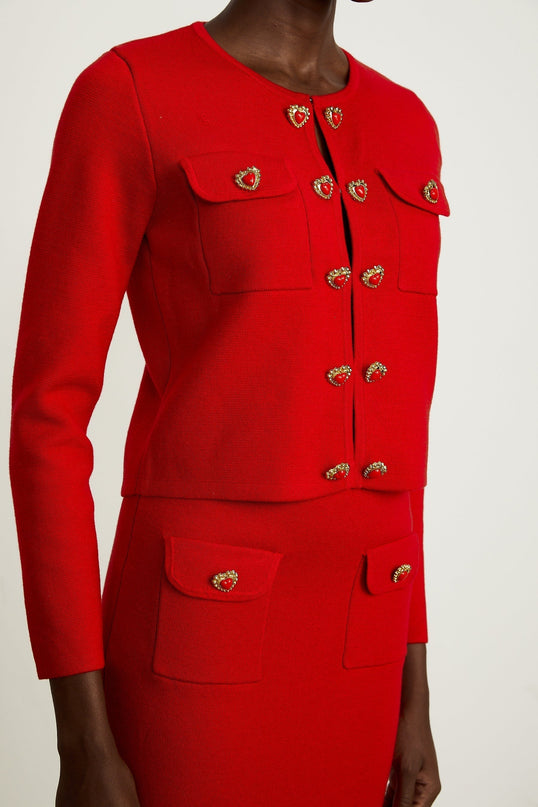 Valeria Red Knitted Matching Set Cardigan Skirt Buttons Pockets Terylene Fabric