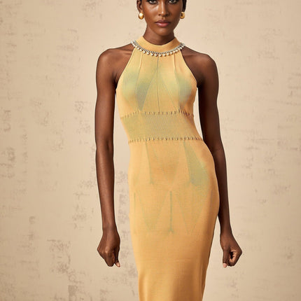 Valeria Sleeveless Midi Dress in Neutrals knitted construction faux-pearl crystal embellishments cinched waist calf-length hem rear button fastening luxurious blend Viscose Polyamide Elastane