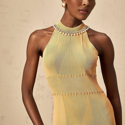 Valeria Sleeveless Midi Dress in Neutrals Knitted Fitted Silhouette Faux-Pearl Crystal Embellishments Round Neck Calf-Length Hem Rear Button Fastening Luxurious Blend Viscose Polyamide Elastane