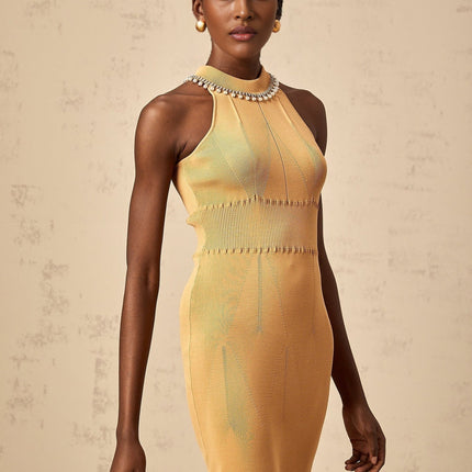 Valeria Sleeveless Midi Dress in Neutrals with Faux-Pearl and Crystal Embellishments