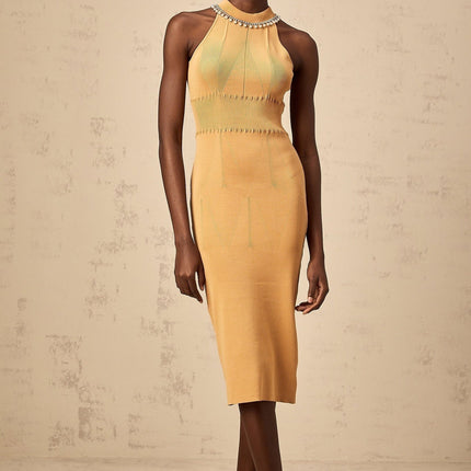 Valeria Sleeveless Midi Dress in Neutrals knitted construction faux-pearl crystal embellishments cinched waist rear button fastening