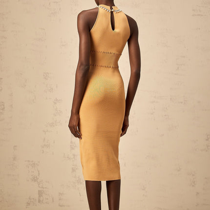 Valeria Sleeveless Midi Dress in Neutrals with faux-pearl and crystal embellishments