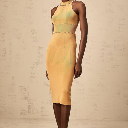 Valeria Sleeveless Midi Dress in Neutrals with faux-pearl and crystal embellishments