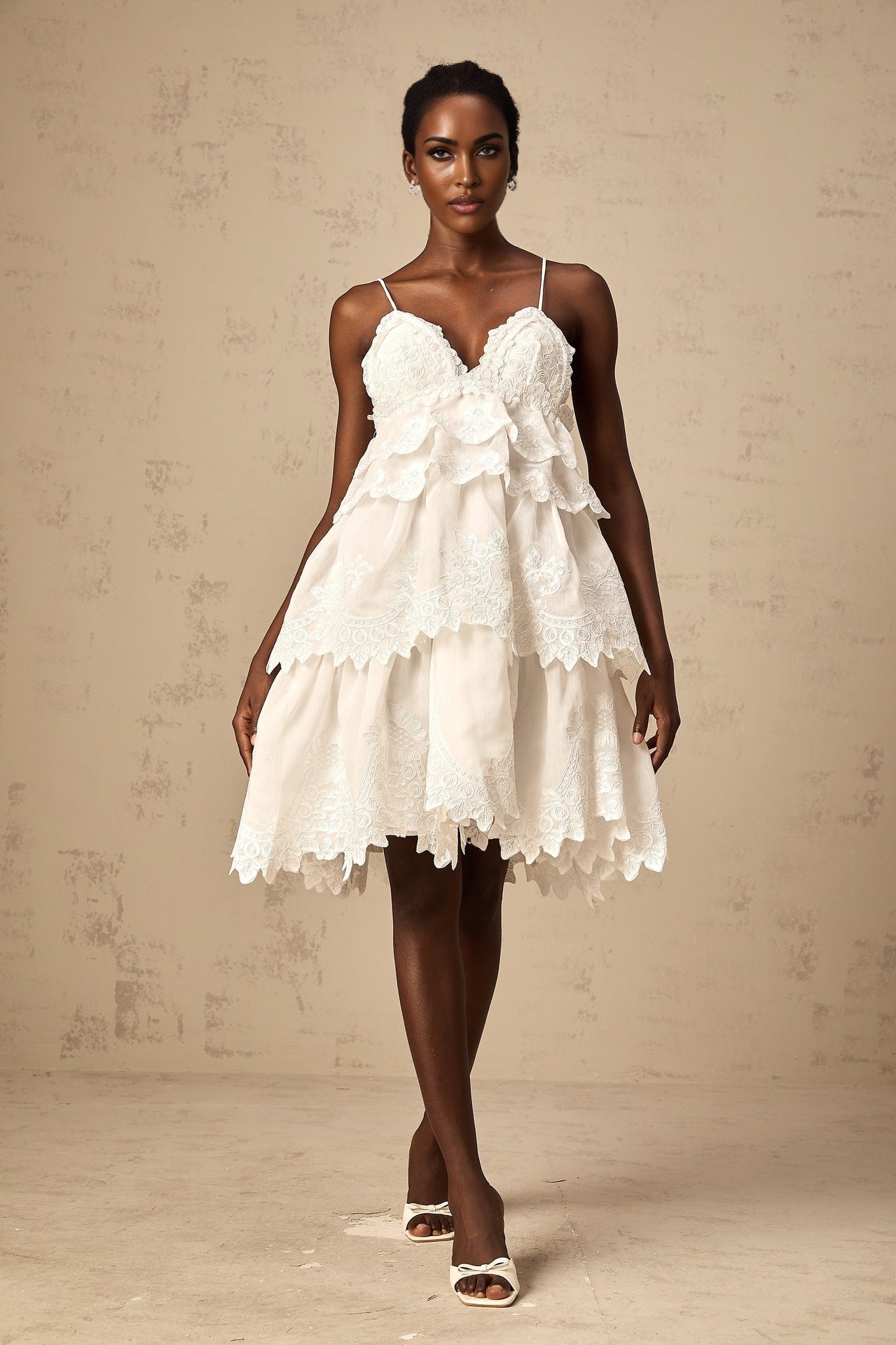 Valeria white guipurelace tiered mini dress