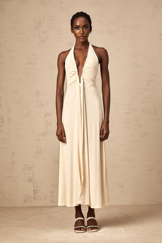 Valeria White Maxi Dress with Halter Neck Ribbon Detailing and Ruched Texture