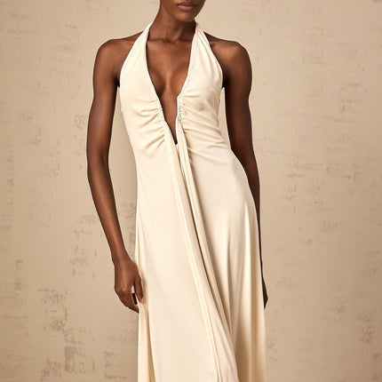 Valeria White Maxi Dress with Halter Neck and Ruched Detailing