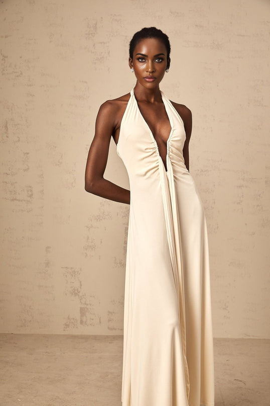 Valeria White Maxi Dress with Halter Neck and Ruched Detailing