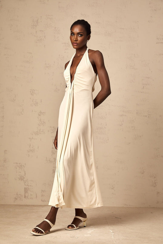 Valeria White Maxi Dress Halter Neck Ribbon Detail Ankle Length Ruched Elegant Glamour Terylene Elastane