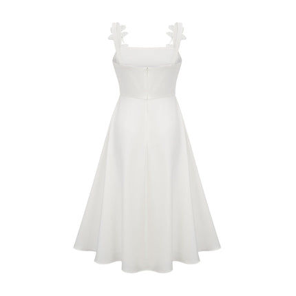 Valeria White Midi Dress with Faux Flower Embellishments