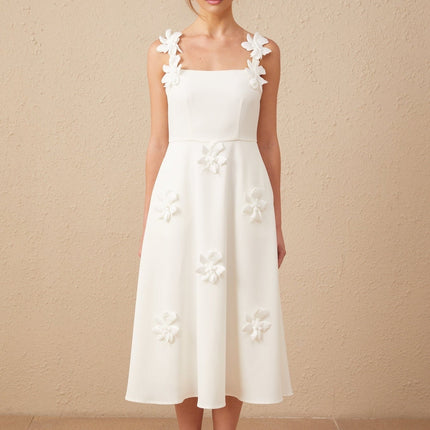 Valeria White Midi Dress with Faux Flower Embellishments