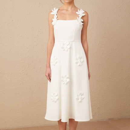 Valeria White Midi Dress with Faux Flower Embellishments