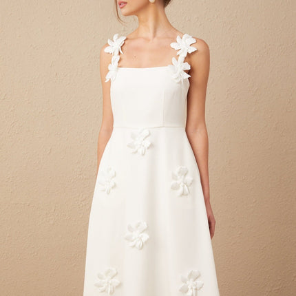 Valeria White Midi Dress with Faux Flower Embellishments