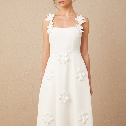 Valeria White Midi Dress Square Neck Faux Flower Embellishments Rear Zip Partial Lining Polyester Spandex Special Occasions