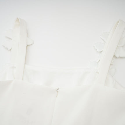 Valeria White Midi Dress with Square-Neck Design and Faux Flower Embellishments
