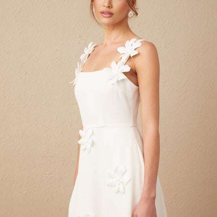 Valeria White Midi Dress with Square-Neck Design and Faux Flower Embellishments